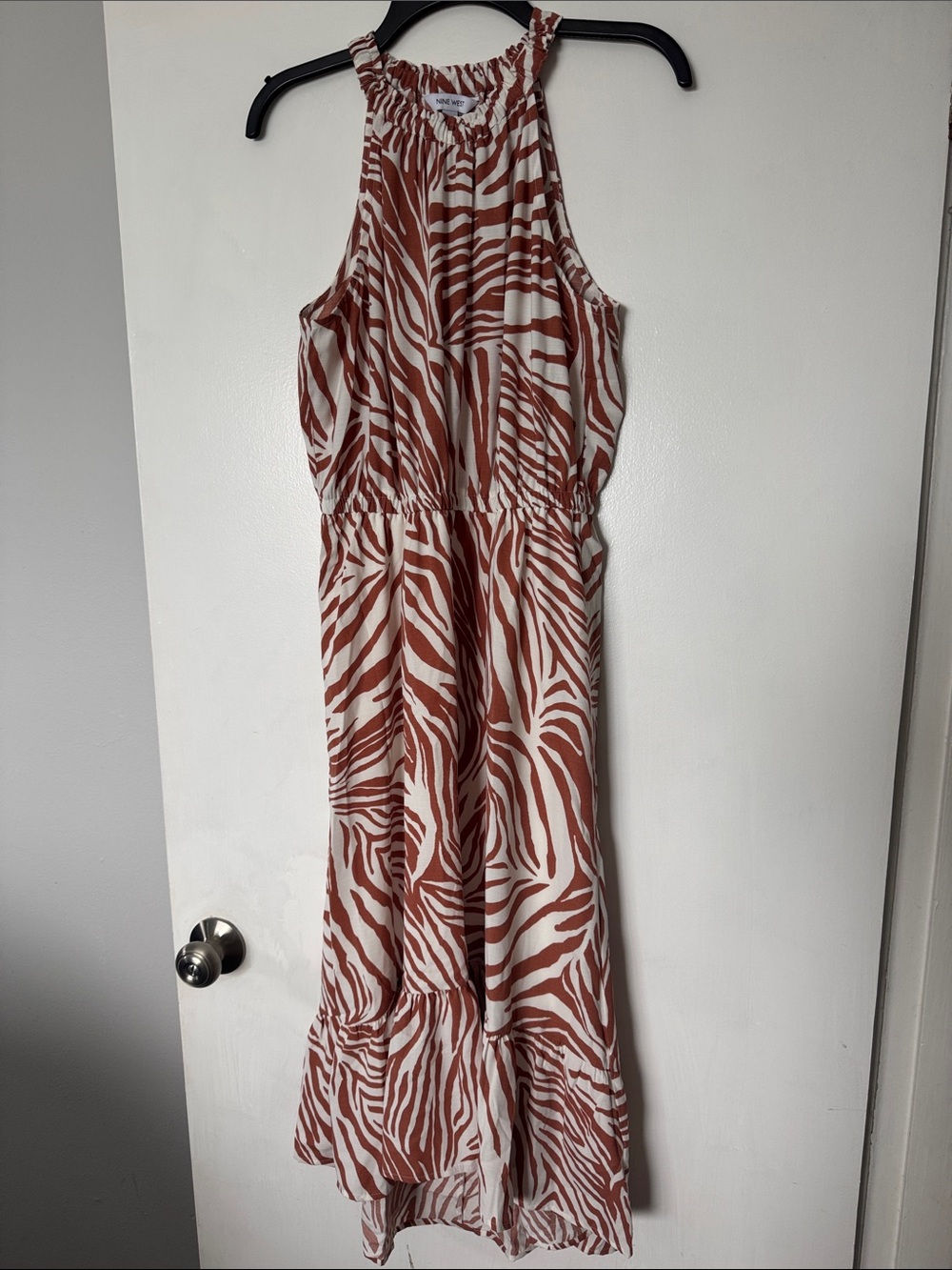 Zebra Safari Print Rust and Cream High Neck Maxi Dress